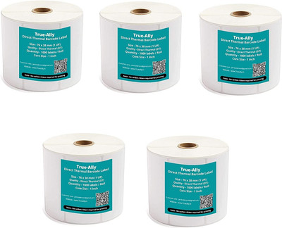 True-Ally 76x38 Direct Thermal Barcode Label Sticker - 3 x 1.5 inches-1000 Labels/Roll White Self Adhesive Sticker for Printing Barcoding (Pack of 5) Paper Label(White)