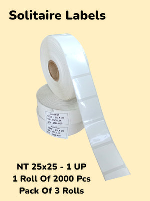 Solitaire 25x25mm Non Tearable Stickers, 1UP, 1 Roll Of 2000 PCs, Glossy, Pack Of 3 Roll self adhesive, full gumming Paper Label(White)