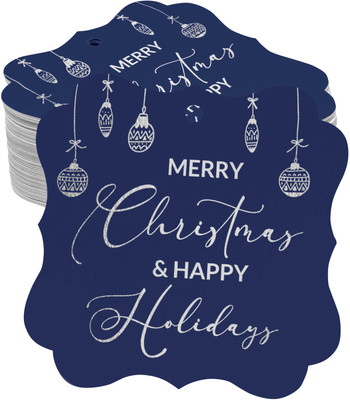 Inkdotpot Pack of 100 Silver Foil Bracket Shape Merry Christmas & Happy Text Favor Tags No Paper Label(Blue)