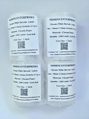 Nomini Enterprises 50mmX25mm(2x1inch)(2UP's)(1 Inch core)|Chromo Paper Barcode Labels| | 2500Labels/Each Roll | Pack of 4 rolls | Self Adhesive Paper Label(White)
