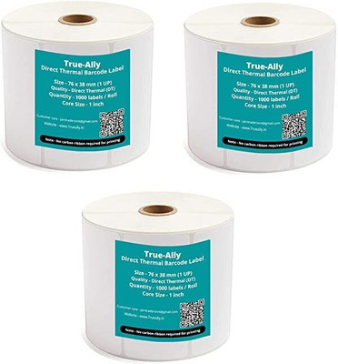 True-Ally 76x38 Direct Thermal Barcode Label Sticker - 3 x 1.5 inches-1000 Labels/Roll White Self Adhesive Sticker for Printing Barcoding (Pack of 3) Paper Label(White)