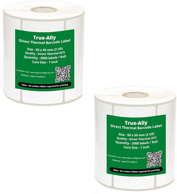 True-Ally 50x50 Direct Thermal Square Barcode Label Sticker - 2 x 2 inch -2000 Labels/Roll White Self Adhesive Sticker for Printing Barcoding(2 Roll Per Pack(4000 Labels)) Paper Label(White)