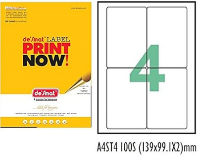 DESMAT A4 Size Paper Labels For Laser, Inkjet &Copiers-4 Label Sheet(Pack Of 50 Sheets) Self-Adhesive Paper Label(White)