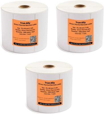 True-Ally 75x50 Direct Thermal Barcode Label Sticker - 3 x 2 inches - 75mm x 50mm 1000 Labels Per Roll - White Self Adhesive Sticker for Printing Barcoding Paper Label(White)