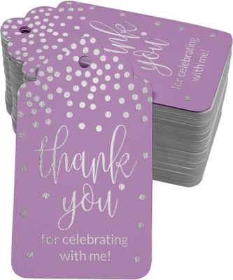 Inkdotpot Thank You for Celebrating with Me Birthday Tag Silver Foil Favor Pack of 100 Pcs No Paper Label(Purple)