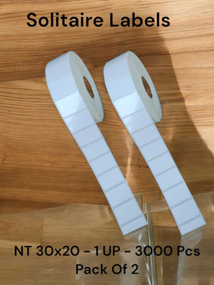 Solitaire Non Tearable 30x20mm, 1UP, 1 Roll Of 3000 Pcs, Pack Of 2 Rolls, Glossy self adhesive, full gumming Paper Label(White)