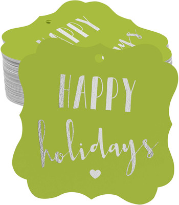 Inkdotpot Pack of 100 Silver Foil Bracket Shape Paper Tags Happy Holiday Favor Hang Tags No Paper Label(Green)