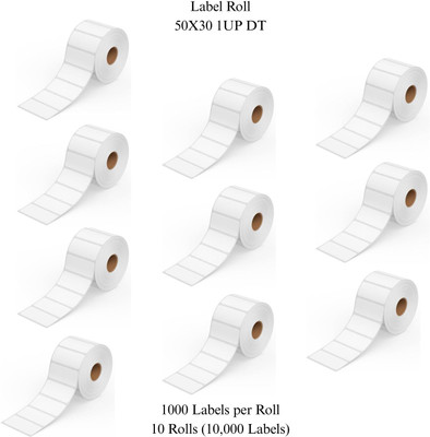 Sunbirds 50X30mmDirectThermalBarcodeLabel1UP,1000LabelPerRoll(PackOf10Rolls-10,000Labels) Self Adhesive Paper Label(White)