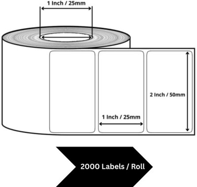 svh 50x25 Direct Thermal Barcode Label Sticker - 2x1 inches|50mm x 25mm( Pack Of 1 ) 50x25mm 2000 Labels Per Roll -White Self Adhesive Sticker for Barcoding Paper Label(White)