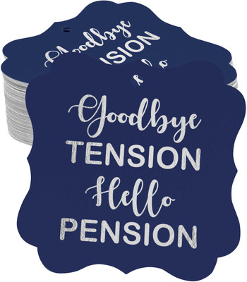 Inkdotpot Pack of 100 Silver Foil Good Bye Tension Hello Pension Retirement Tags No Paper Label(Blue)