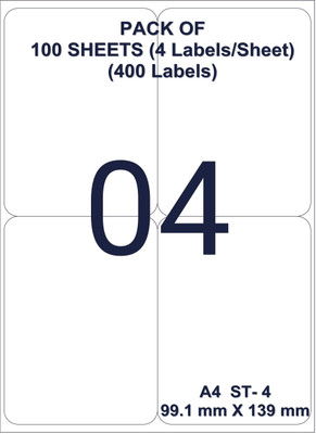 Trison Premium Wood Quality Easy Ship A4 Size (100 Sheets 400 Labels Strong Bond Self Adhesive Paper Label(Bright White)