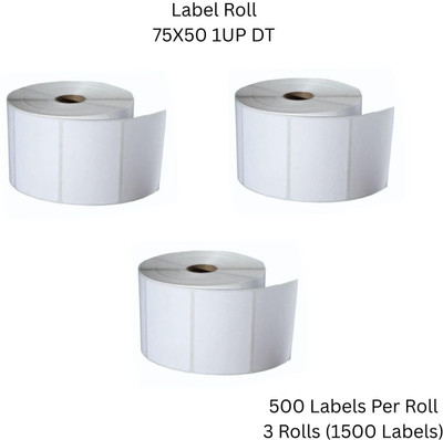 Sunbirds 75X50mmDirectThermalBarcodeLabel 1UP,500LabelsPerRoll(PackOf3Rolls-1500 Labels) Self Adhesive Paper Label(White)