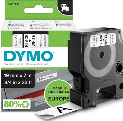 Dymo D1 Labeling Tape 19MMx7M Black Print on White Tape Label Cassette Easy Peel Self Adhesive Paper Label(Black Print, White Tape)