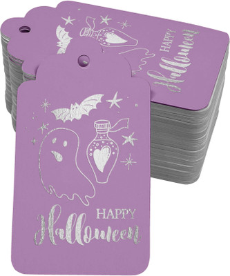 Inkdotpot Silver Foil Paper Hang Tags Happy Halloween Halloween Favor Tags 100 Pack No Paper Label(Purple)