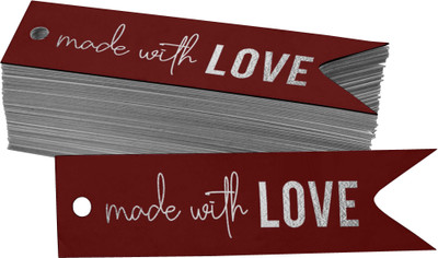 Inkdotpot Pack of 100 Made with Love Text Favor Paper Tags Craft Silver Foil Hang Tag No Paper Label(Red)