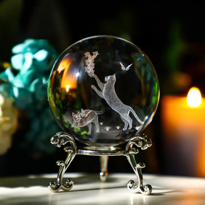 Wengonvila 3D Crystal Ball with Stand Glass Cat Laser Engraved Cats Sphere Paperweights crystal, Glass Paper Weights  with Clear(Set Of 1, Transparent)