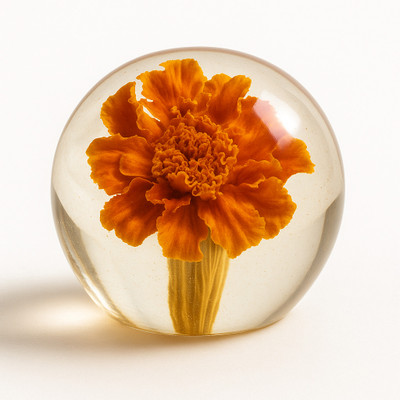 RoyalThum Marigold Real Flower Resin Paperweight for Pooja Mandir, Desk & Gifting (50mm) Resin Paper Weights  with Gloss(Set Of 1, Orange)