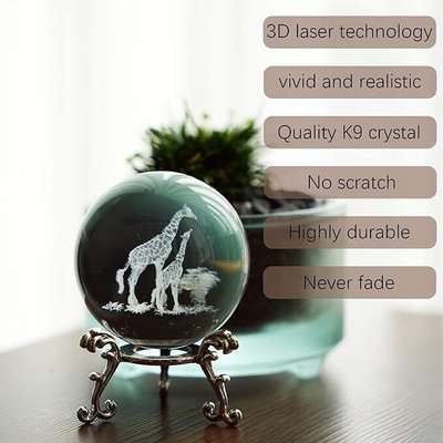 Wengonvila Giraffe Crystal Ball with Stand Glass Laser Engraved Glass Paperweights crystal Paper Weights  with Clear(Set Of 1, Transparent)