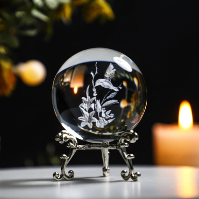 Wengonvila 60mm 3D Clear Hummingbird Laser Engraved Crystal Ball Home Art Decor with Stand 1 Paper Weights  with Clear(Set Of 1, Transparent)