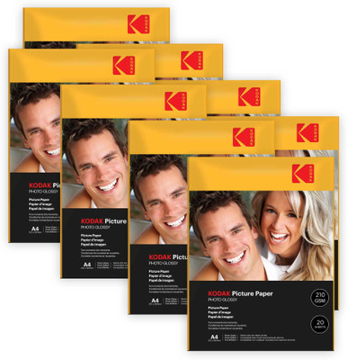 KODAK 210 GSM A4 160 Sheets High Glossy Cast Coated Water Resistant photo paper unruled A4 (210x297mm) 210 gsm Photo Paper(Set of 8, White)