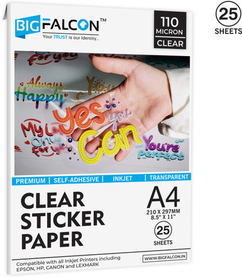 BIGFALCON Premium A4 (8.5x11 inch) 25 Sheets Glossy 110 Micron Transparent Clear Sticker Paper Self-Adhesive Sheets Waterproof, Non-Tearable for Any Inkjet Printer A4 (210x297mm) 110 gsm Inkjet Paper(Set of 1, White)