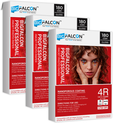 BIGFALCON Professional 180 GSM 4R (4X6 Inch) 300 Sheet High Glossy Cast Coated Photo Paper for all Inkjet Printer 4R (102x152mm) 180 gsm Photo Paper(Set of 3, White)