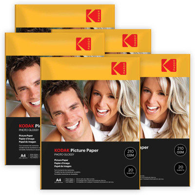 KODAK High Glossy Inkjet Photo Paper (210 x 297mm) 100 Sheets Unruled A4 210 gsm Photo Paper(Set of 5, White)