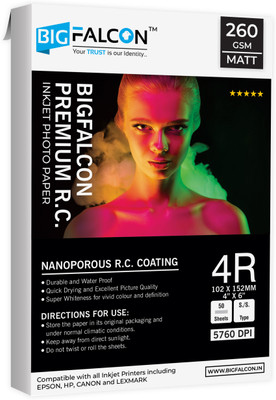 BIGFALCON Premium 260 GSM 4R Size (4X6 inch) 50 Sheet Matt (Luster) RC Resin Coated Waterproof Inkjet Photo Paper for all Inkjet Printer 4R (102x152mm) 260 gsm Photo Paper(Set of 1, White)