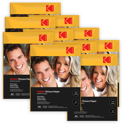 KODAK 190 GSM A4 200 Sheets High Glossy Cast Coated Water Resistant photo paper unruled A4 (210x297mm) 190 gsm Photo Paper(Set of 10, White)