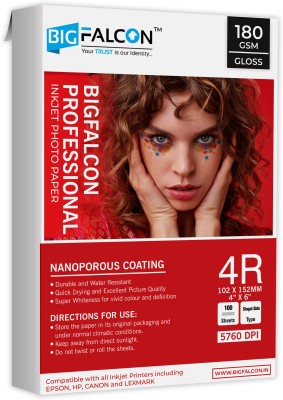 BIGFALCON Professional 180 GSM 4R (4X6 Inch) 100 Sheet High Glossy Cast Coated Photo Paper for all Inkjet Printer 4R (102x152mm) 180 gsm Photo Paper(Set of 1, White)