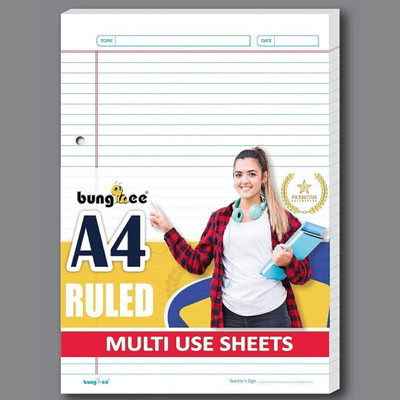 Bungbee A4 Ruled Sheets and Magenta Margin-Glanza Edition for Assignment, Project Work Both Sides Ruled A4 90 gsm A4 paper(Set of 80, Natural White)