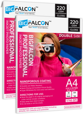 BIGFALCON Professional A4 Double Sided Glossy Inkjet Photo Paper 220 GSM (40 Sheets) Unruled A4 (8.5x11 inch) 220 gsm Photo Paper(Set of 2, White)