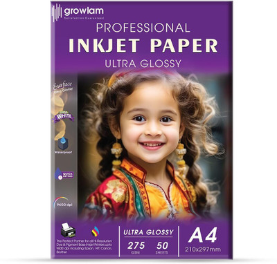 Growlam Ultra Glossy Unruled A4 Size Photo Paper – Water Proof, Instant Drying, 50 sheets 275 gsm Photo Paper(Set of 1, White)
