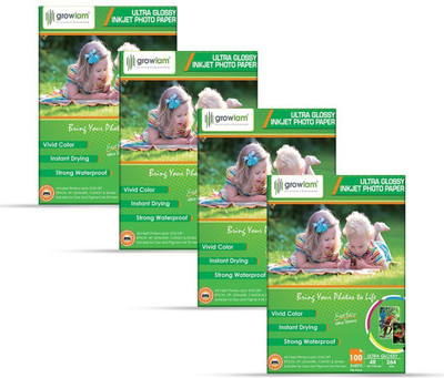 Growlam Ultra Glossy Unruled A4 Size Photo Paper – Water Proof, Instant Drying, 100 sheets 264 gsm Photo Paper(Set of 4, White)