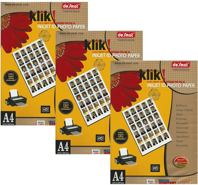 DESMAT Klik! Inkjet ID Photo Pack of 4 Plain A4 180 gsm Photo Paper(Set of 3, White)