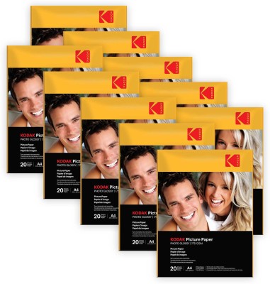 KODAK 175 GSM A4 200 Sheets High Glossy Cast Coated Water Resistant photo paper unruled A4 (210x297mm) 175 gsm Photo Paper(Set of 10, White)