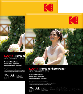 KODAK High Glossy Photo Paper (2 x 20 Sheets) A4 (210x297 mm) 260 gsm Photo Paper(Set of 2, White)
