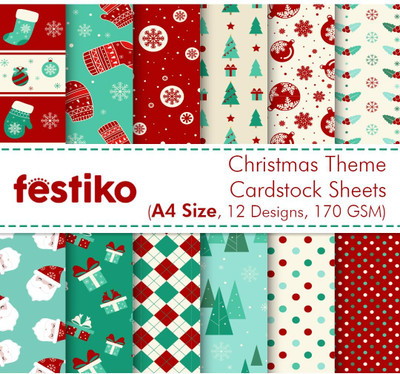 Festiko 12 Pcs Christmas Pattern Cardstock Sheets Unruled A4 170 gsm A4 paper(Set of 1, Multicolor)
