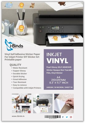 I-Birds Enterprises Inkjet Self-Adhesive Water Registrant glossy Vinyl Sticker Sheet unruled for every Inkjet Printer 50 sheet A4 140 gsm Non Tearable Paper(Set of 1, White)