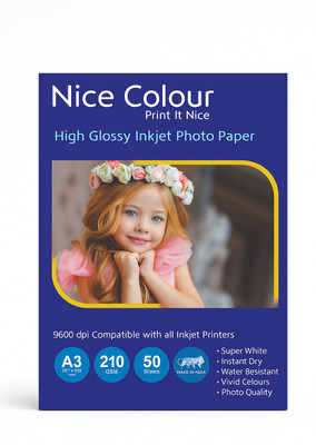 Nice Colour High Glossy Inkjet Photo Paper for Inkjet Printers (50 Sheet) Water Resistant High Resolution 9600 DPI A3 210 gsm Inkjet Paper(Set of 1, White)