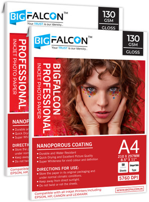 BIGFALCON Professional 130 GSM A4 (8.5X11 Inch) 100 Sheet High Glossy Cast Coated Unruled Photo Paper for all Inkjet Printer A4 (210x297mm) 130 gsm Photo Paper(Set of 2, White)