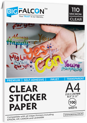 BIGFALCON Premium A4 (8.5x11 inch) 100 Sheets Glossy 110 Micron Transparent Clear Sticker Paper Self-Adhesive Sheets Waterproof, Non-Tearable for Any Inkjet Printer A4 (210x297mm) 110 gsm Inkjet Paper(Set of 1, White)