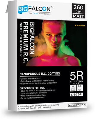 BIGFALCON Premium Matt (Luster) 260 GSM 5R Size (5x7 Inch) 25 Sheet RC Photo Paper Waterproof Inkjet Photo Paper for all Inkjet Printer 5R (5x7 inch) 260 gsm Photo Paper(Set of 1, White)