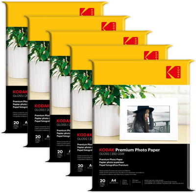 KODAK Inkjet Photo Paper 20 Sheets High Glossy A4 200 gsm Inkjet Paper(Set of 5, White)