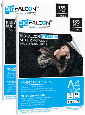 BIGFALCON Premium 135 GSM Super Self-Adhesive High Glossy Inkjet Sticker Photo Paper Unruled A4 (8.5 x 11 inch) 135 gsm Photo Paper(Set of 2, White)