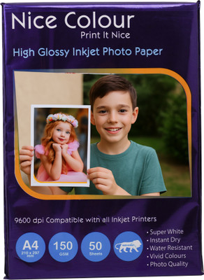 Nice Colour High Glossy Inkjet Photo Print Paper(50 Sheets) High Resolution 9600 DPI A4 Size 150 gsm Photo Paper(Set of 1, White)