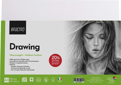 BRuSTRO Artist's 20+4 Sheets , Size A3 , 200 gsm Drawing Paper(Set of 24, White)