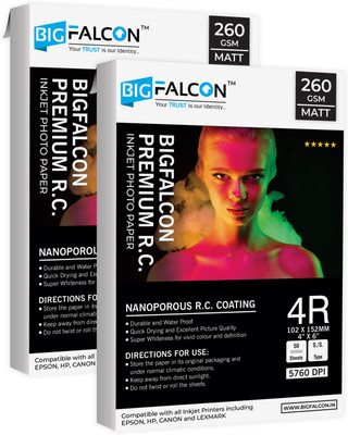 BIGFALCON Premium 260 GSM 4R Size (4X6 inch) 100 Sheet Matt (Luster) RC Resin Coated Waterproof Inkjet Photo Paper for all Inkjet Printer 4R (102x152mm) 260 gsm Photo Paper(Set of 2, White)