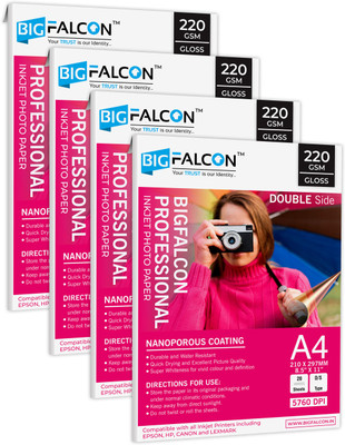BIGFALCON Professional A4 Double Sided Glossy Inkjet Photo Paper 220 GSM (80 Sheets) Unruled A4 (8.5x11 inch) 220 gsm Photo Paper(Set of 4, White)