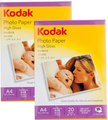 KODAK A4 High Glossy (20 Sheets) Unruled A4 230 gsm Photo Paper(Set of 2, White)